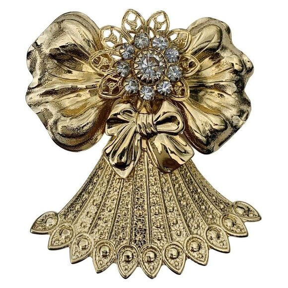 Vintage Jane Glass Crystal Gold Tone Flower Angel Brooch Pin Signed - Picture 4 of 6